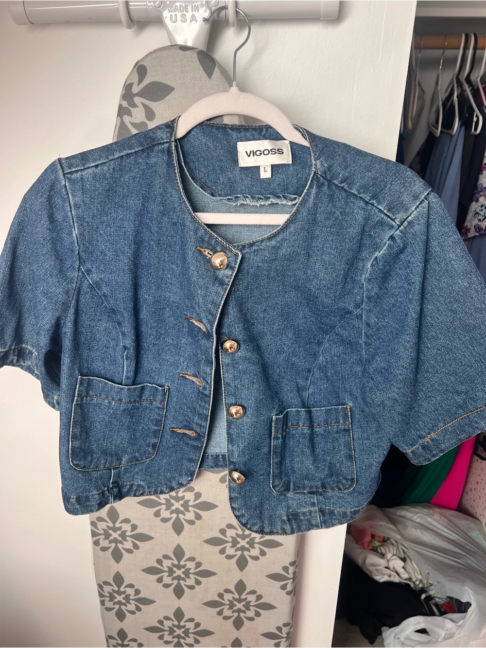 Vigoss Blue Cropped Short Sleeve Denim Jacket with Gold Buttons